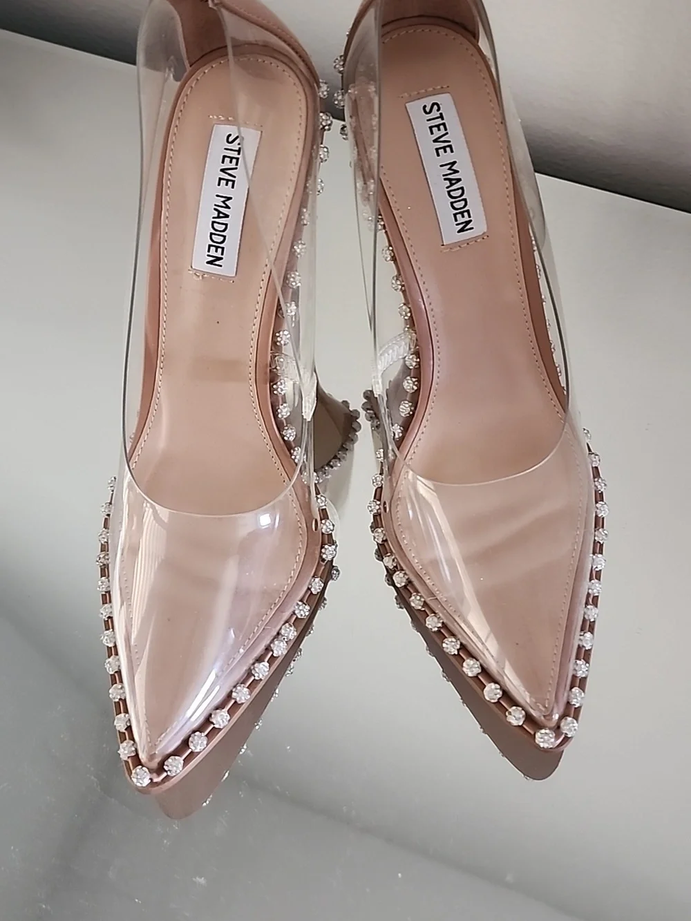 ♡♥︎♡ Steve Madden Classic Nude Clear PVC Crystal-Trim Stiletto Heels Size 8.5 - Picture 7 of 11